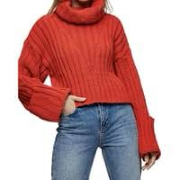 Topshop Sweaters - Topshop Fire Orange Red Thick Chunky Oversized Sleeves Crop Turtleneck Sweater